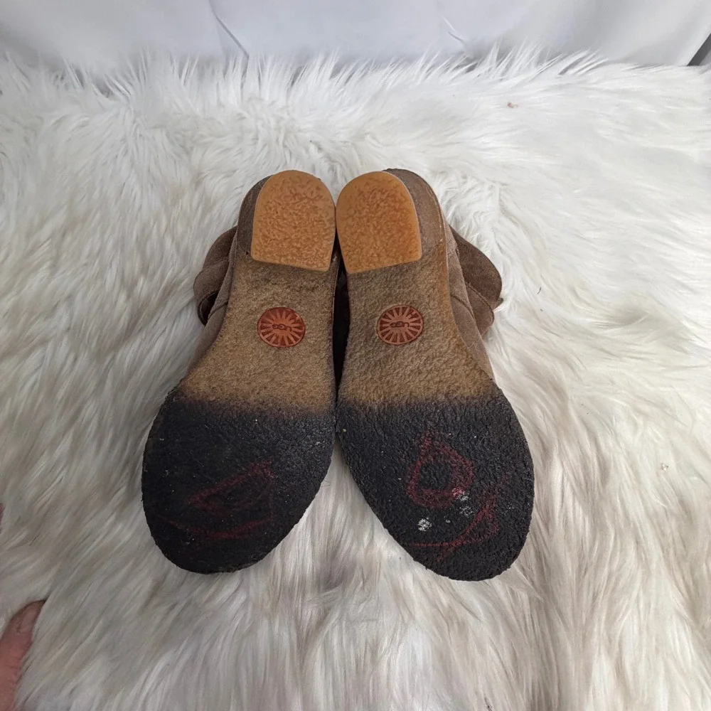 UGG Australia 3212 Brown Suede Heeled Ankle Boots Buckle Strap Sheepskin Lining